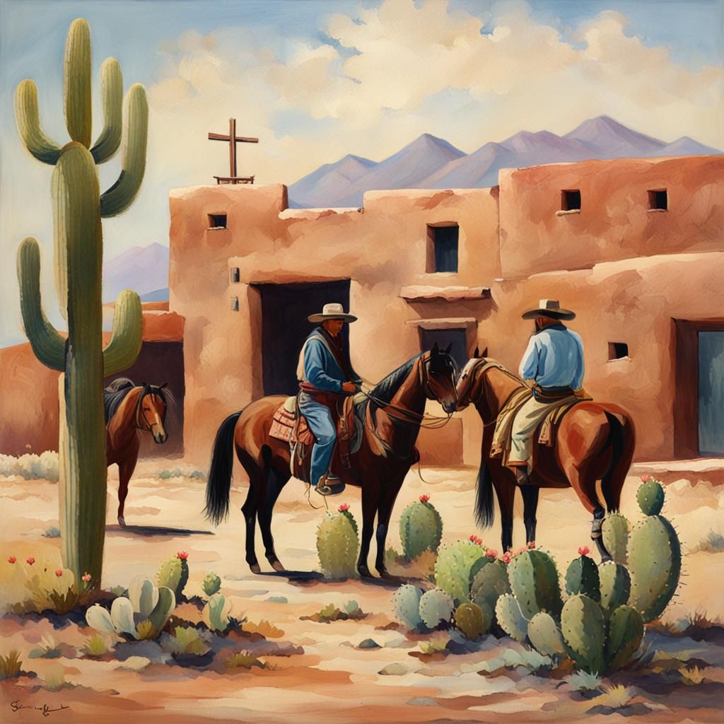 Southwest Mission Scene with Cactus and Horses