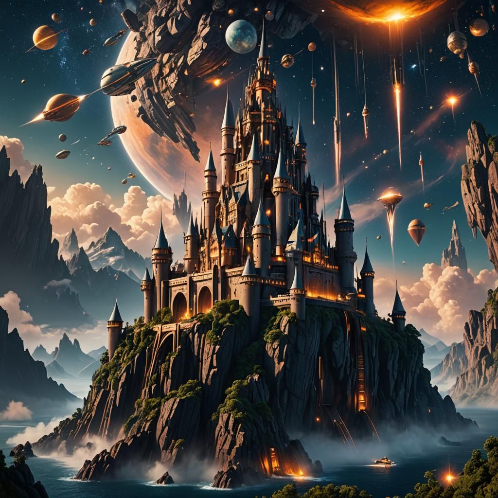 Rocket Ship Castle on Floating Mountain