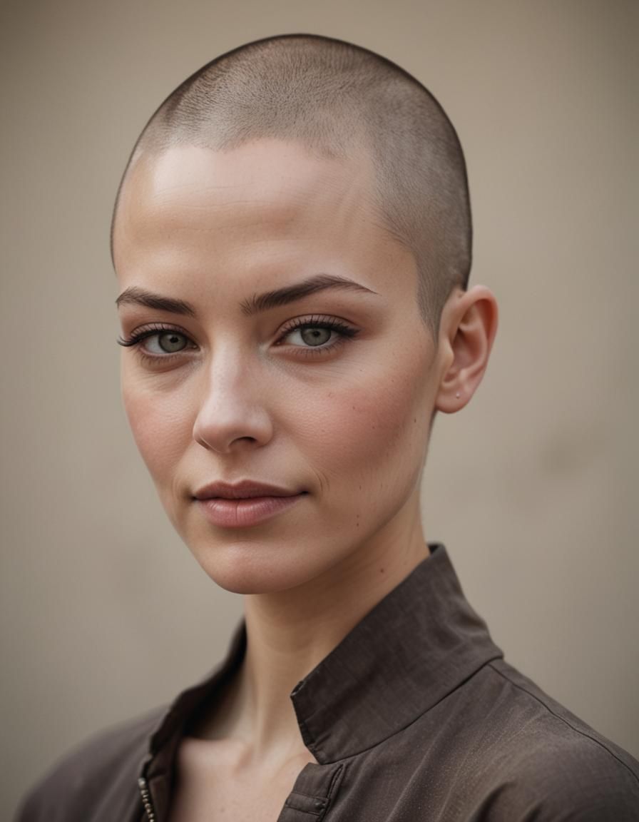 Photorealistic Portrait of a Bald Woman with Gentle Smile