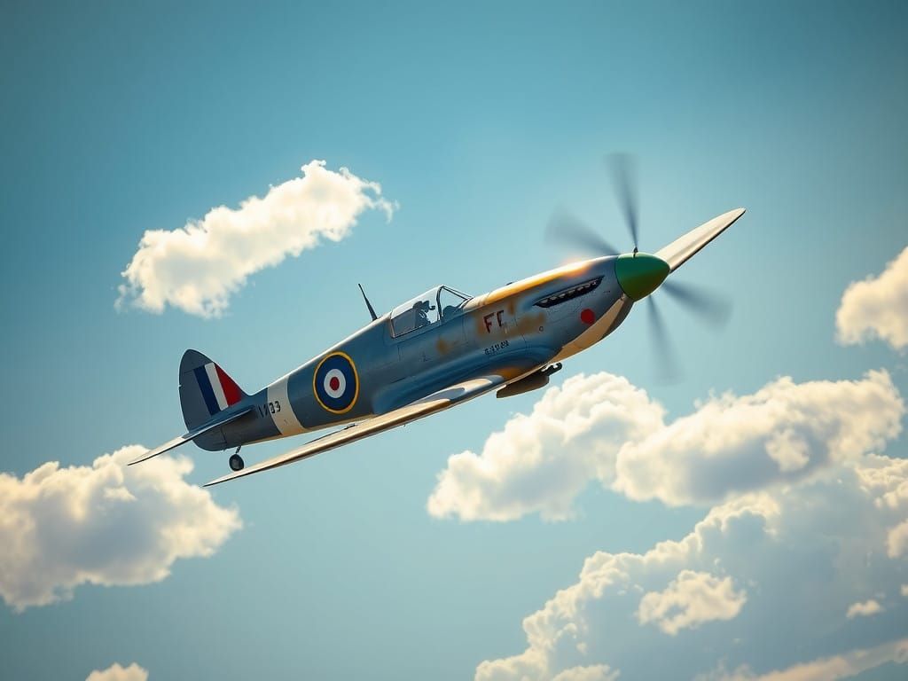 Vintage Supermarine Spitfire in Flight over Clear Blue Skies