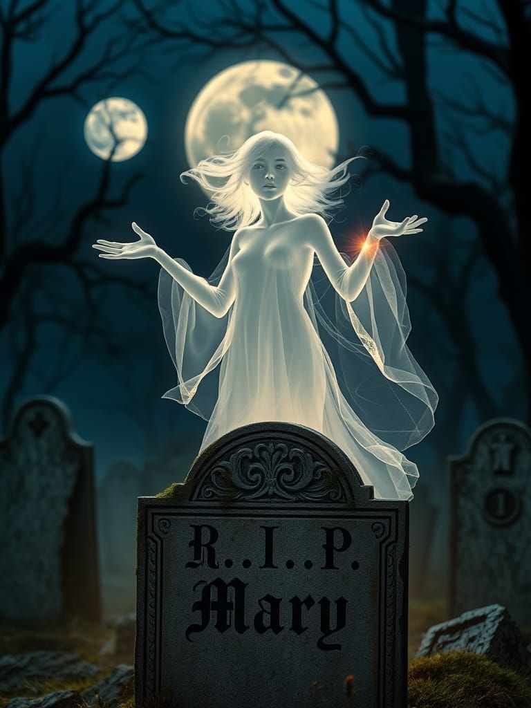 Ethereal Ghost Ascends from Graveyard Tombstone