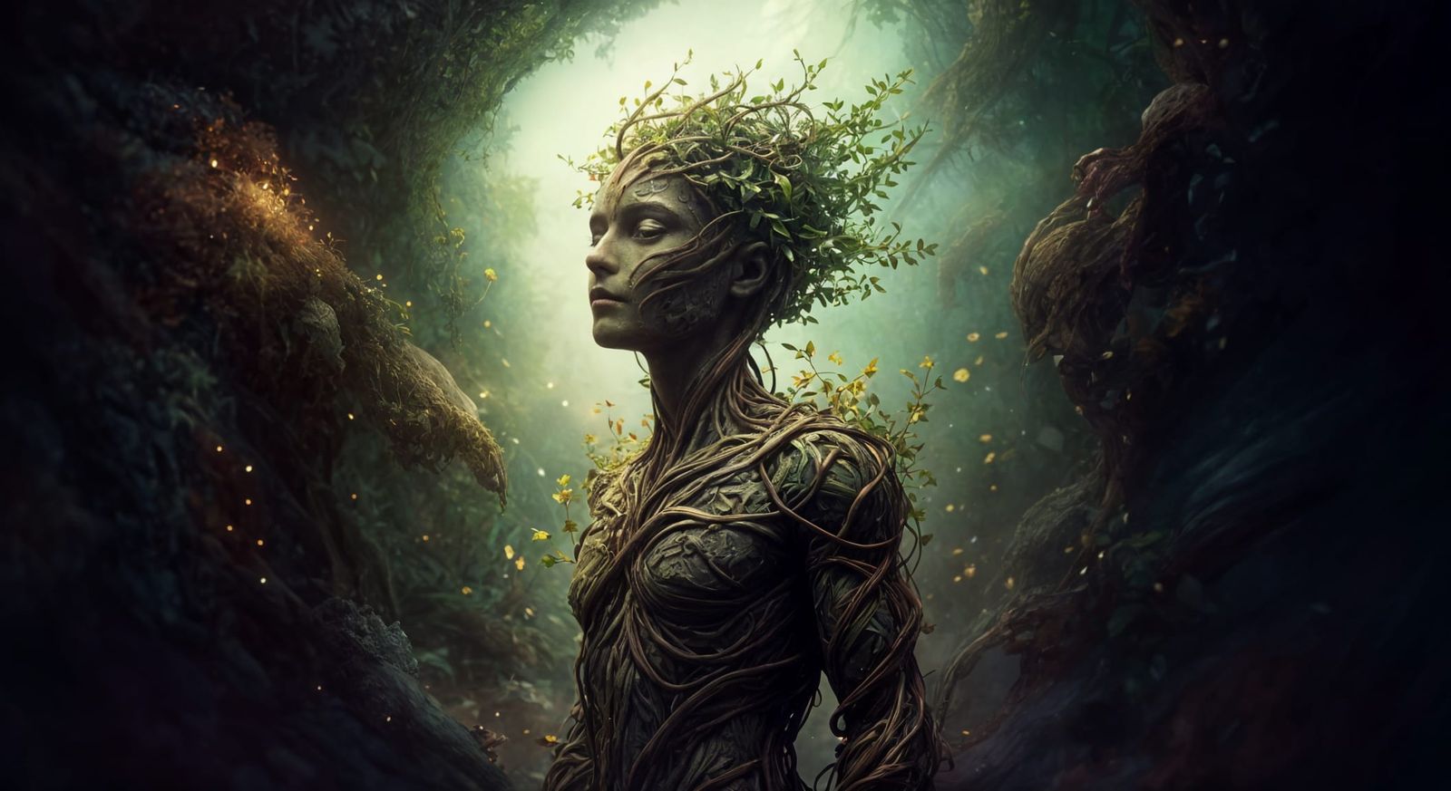 Plant Humanoid Finds Peace in Chaotic Landscape