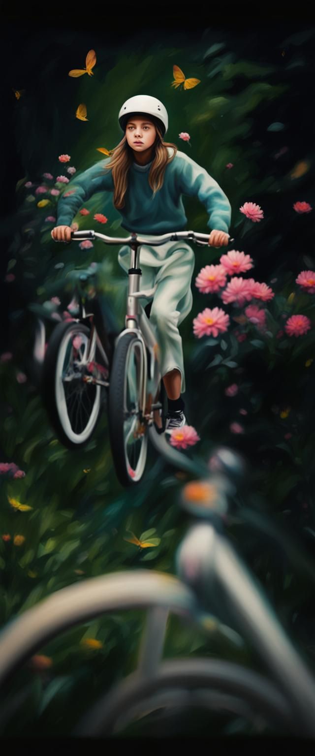 Girl on Bicycle in Garden: Detailed Acrylic Painting