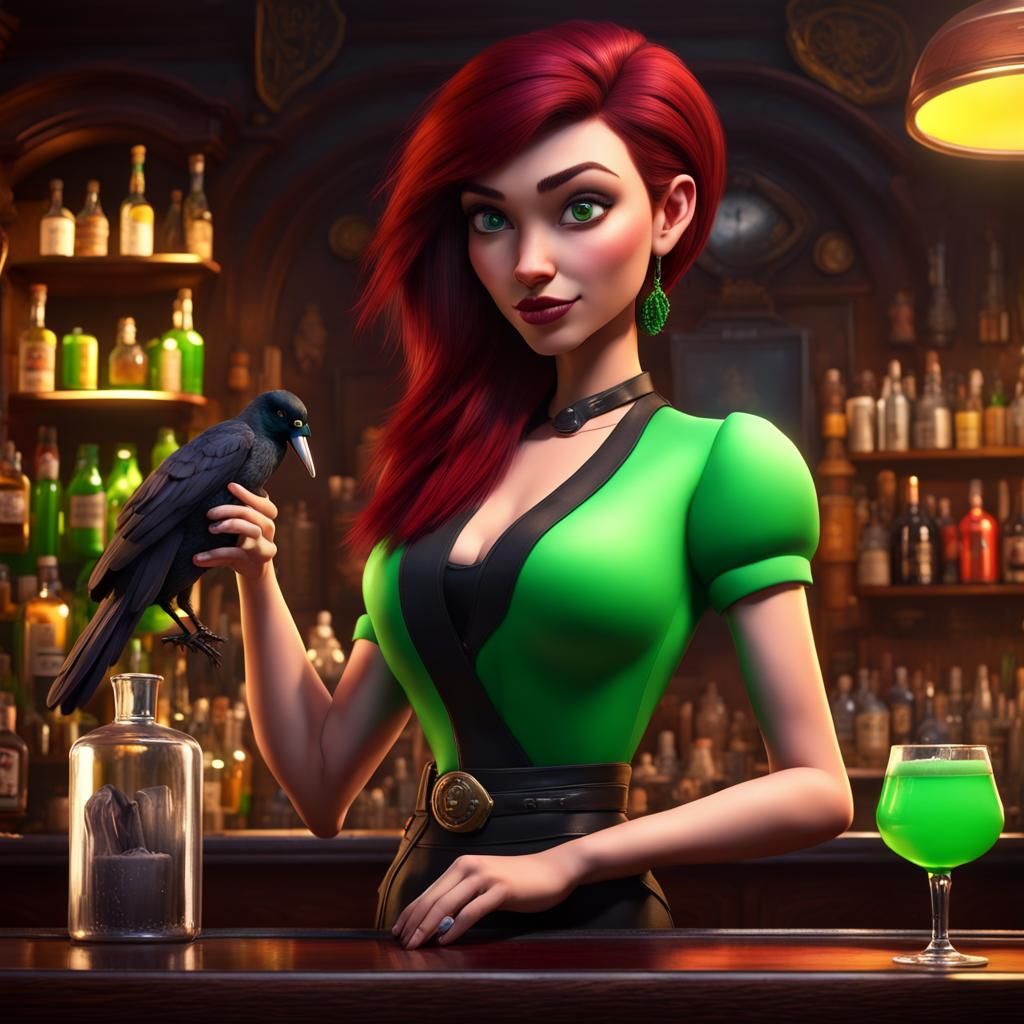 Woman Bartender with Raven in Pixar 3D Style