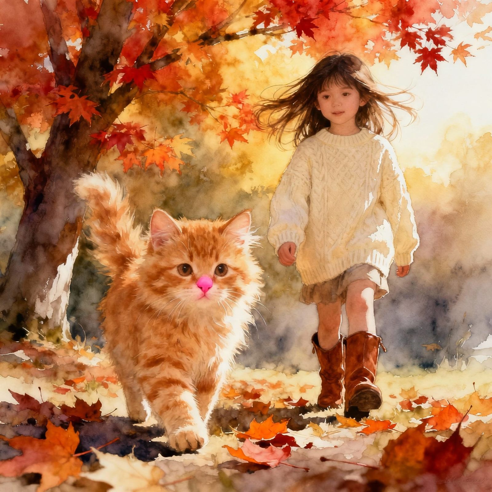 Dreamy Autumn Scene: Kitten and Girl in Watercolor Style