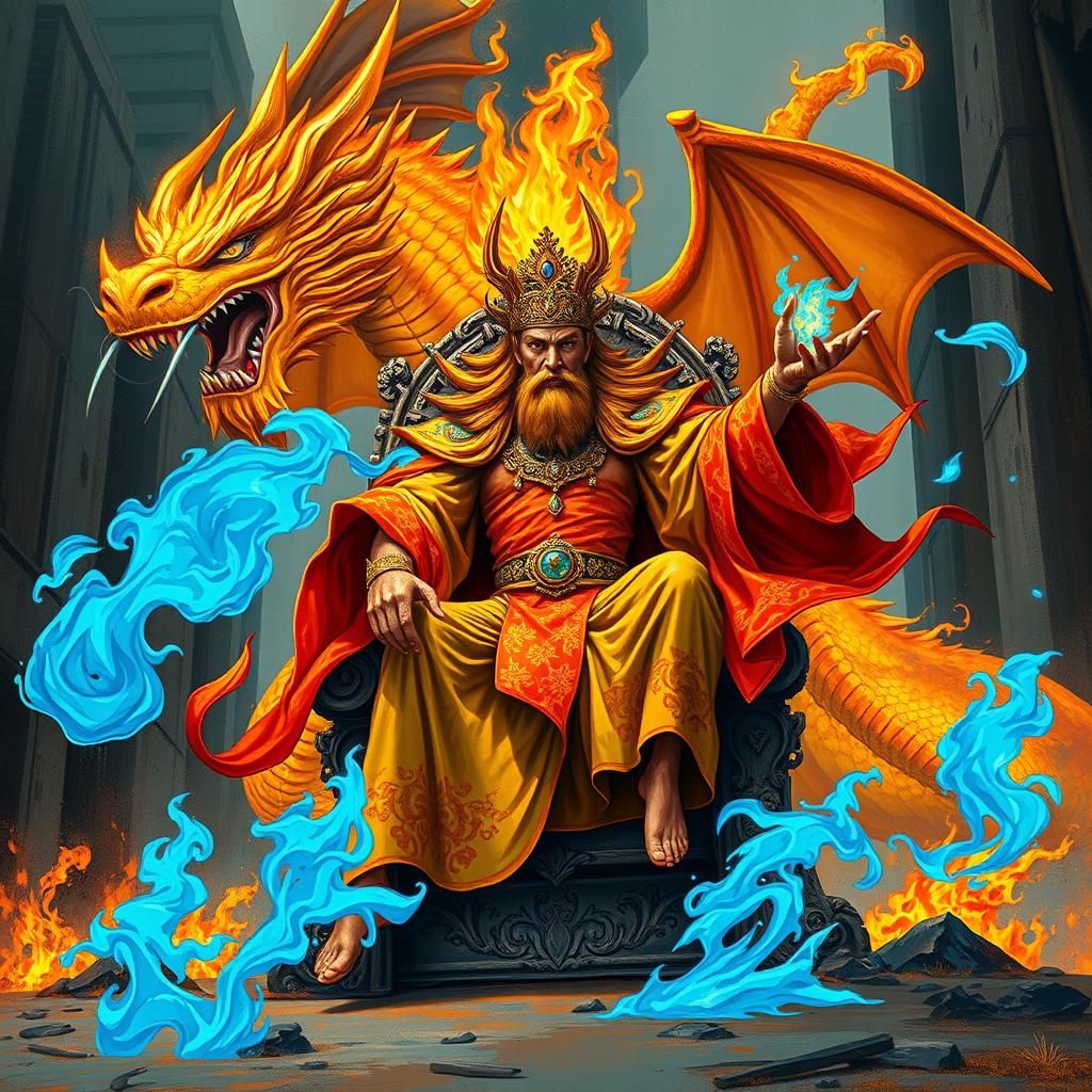Fire God on Throne with Dragon in Street Art Style