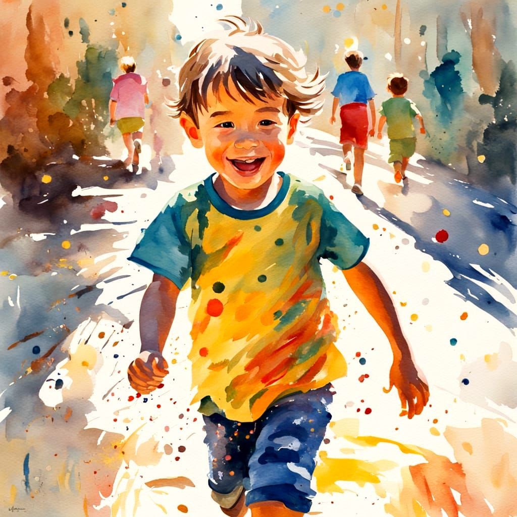 Joyful Child Meets Father in Vibrant Gouache Masterpiece