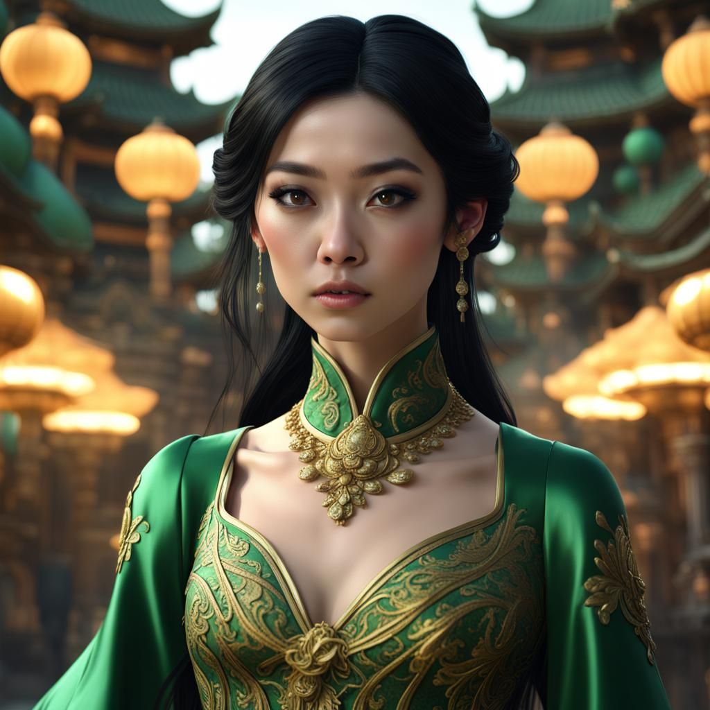 Chinese Woman in Green and Gold Gown, Detailed Matte Paintin...