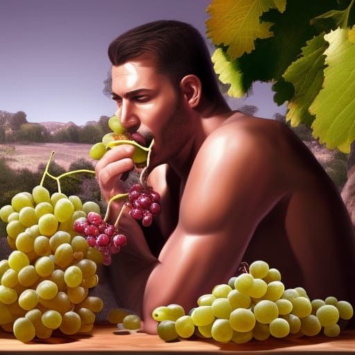 Handsome Latino Man Eating Grapes in Photorealistic Detail