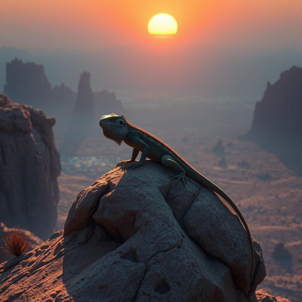 Bearded Dragon in Mystical Desert Landscape