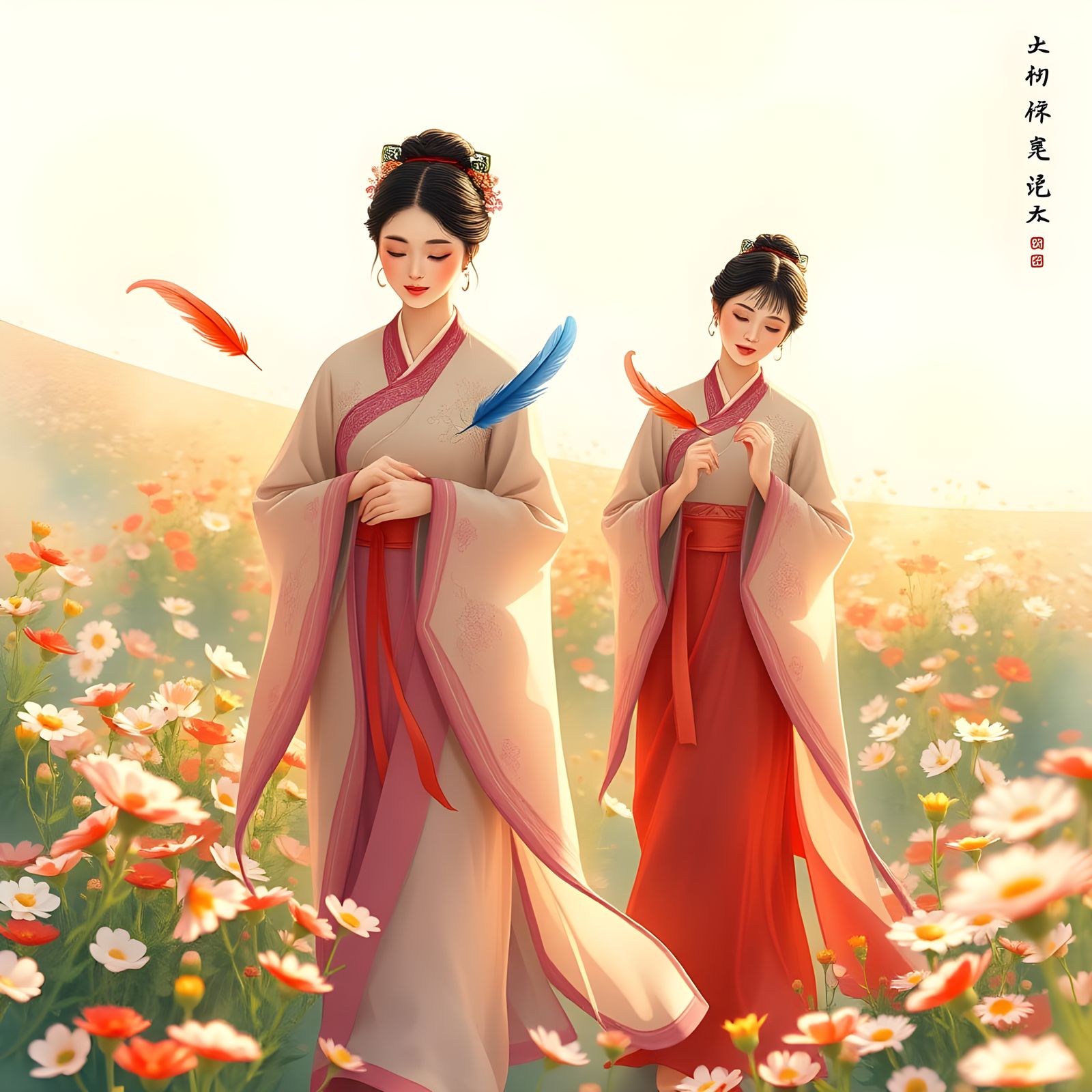 Ethereal Chinese Women in a Vibrant Floral Landscape