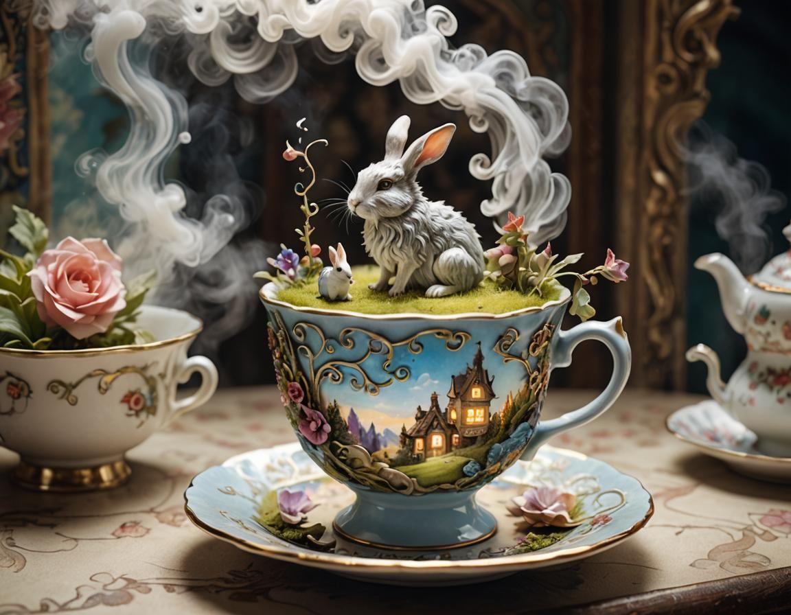 Enchanting Teacup Diorama with Fairy and Rabbit