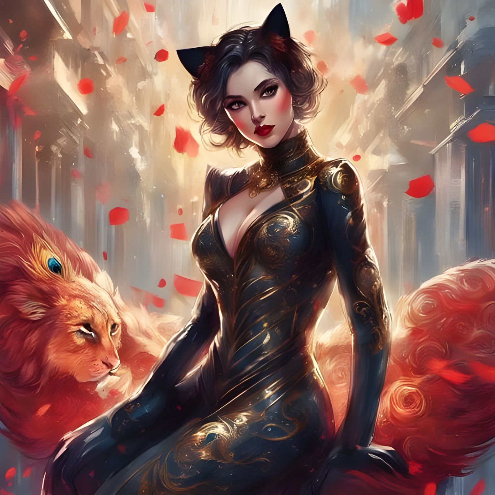 Catwoman in Latex with Peacock Feathers, Royo Style