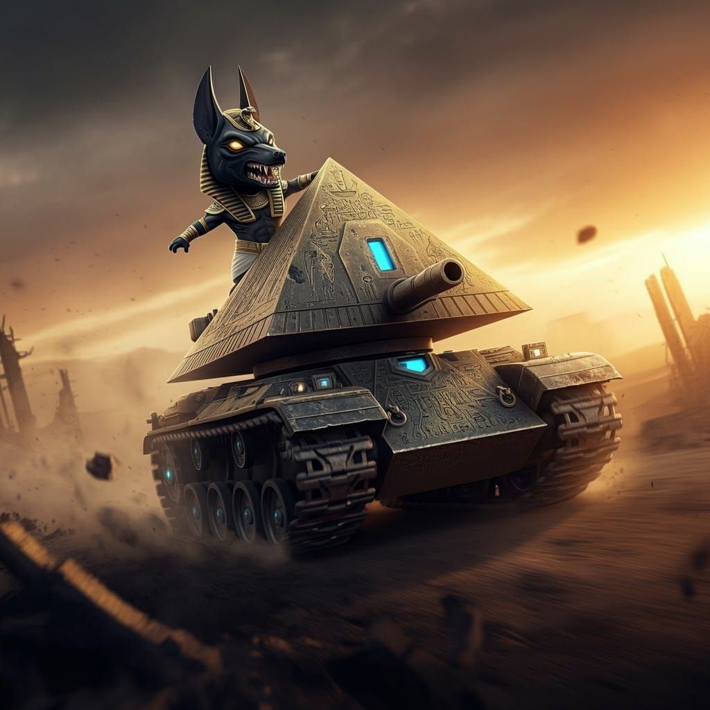 Chibi Anubis Races Pyramid Tank in Wasteland