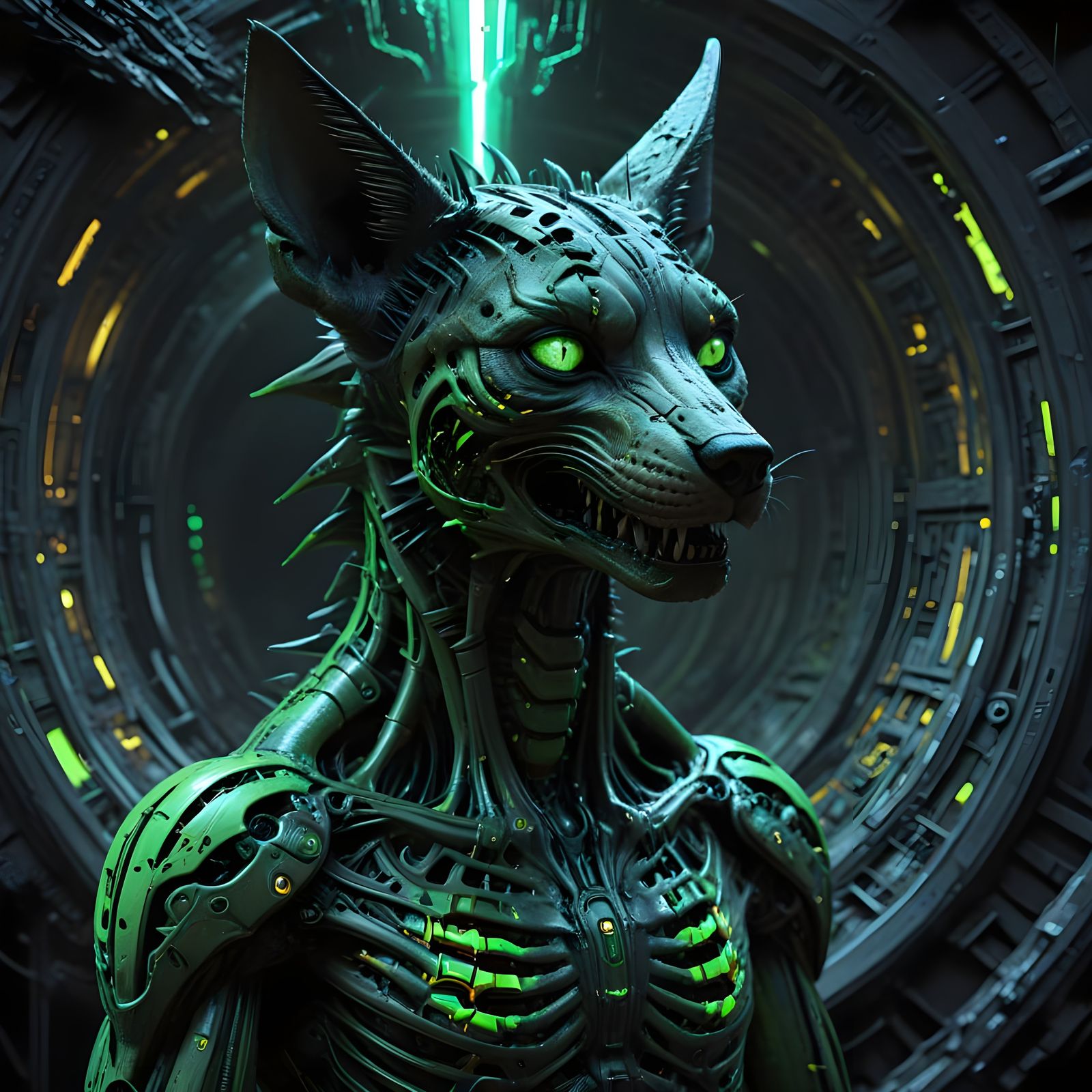 A colossal skeletal jackal with obsidian bones etched in glowing quantum fractal patterns
