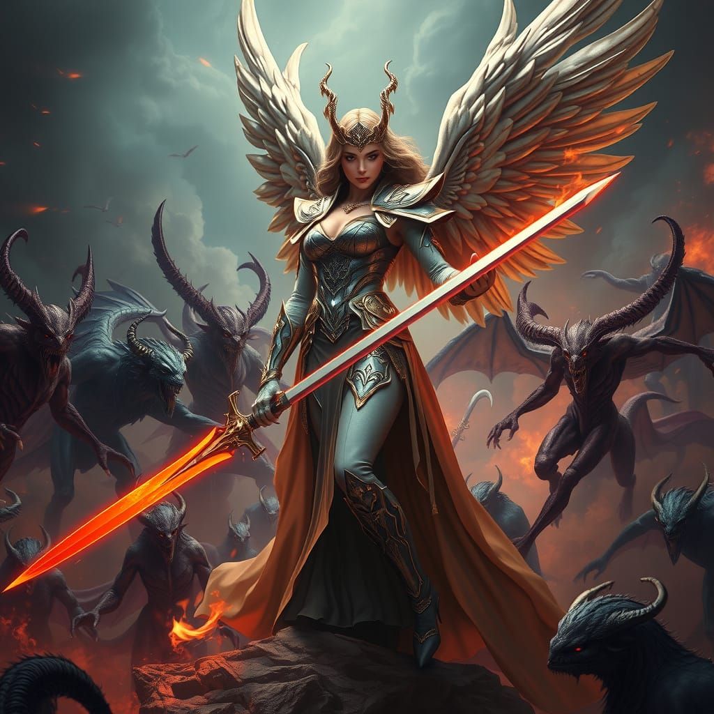 Angel Battles Demons in Hellish Landscape