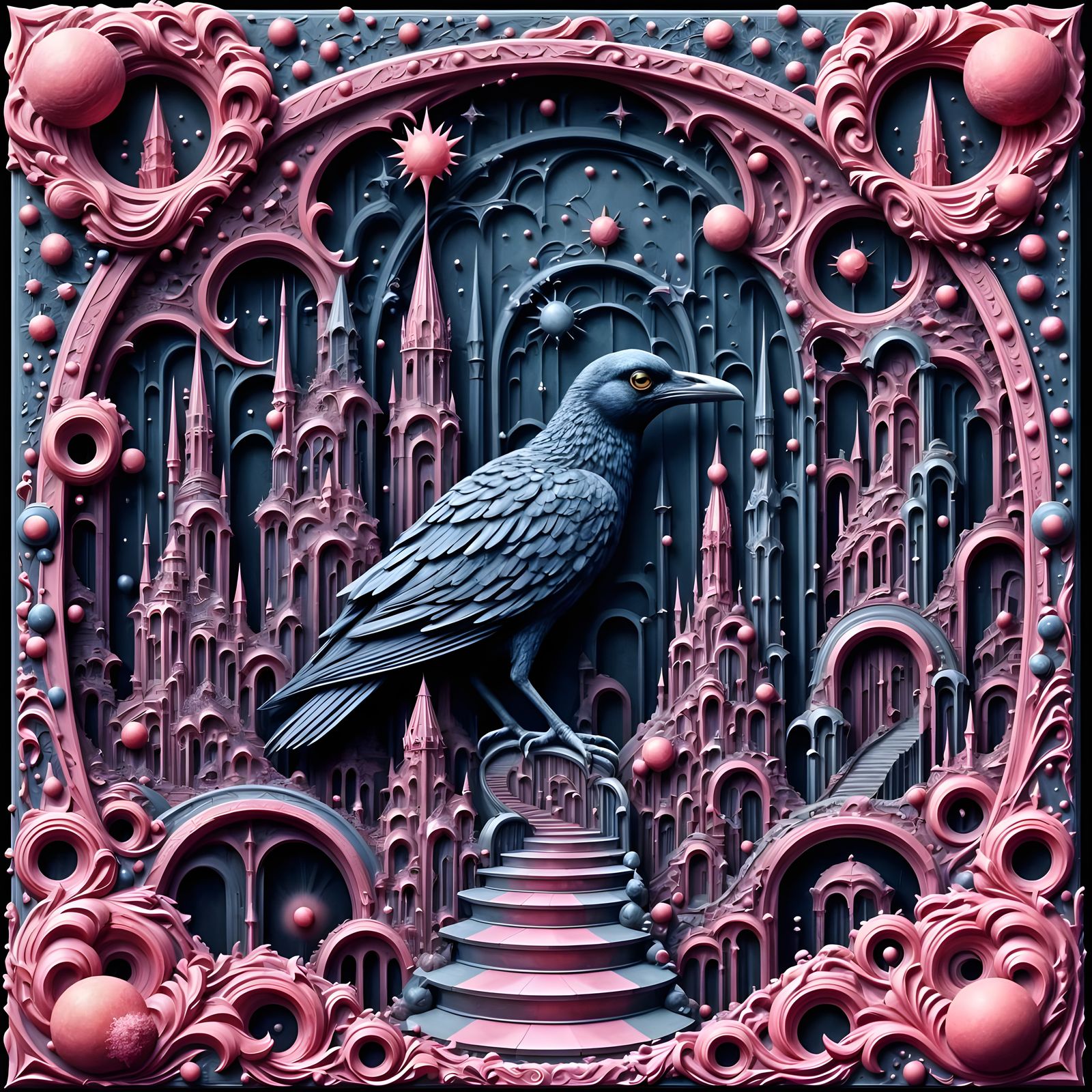 Escher Style Raven in Pink and Floral Frame