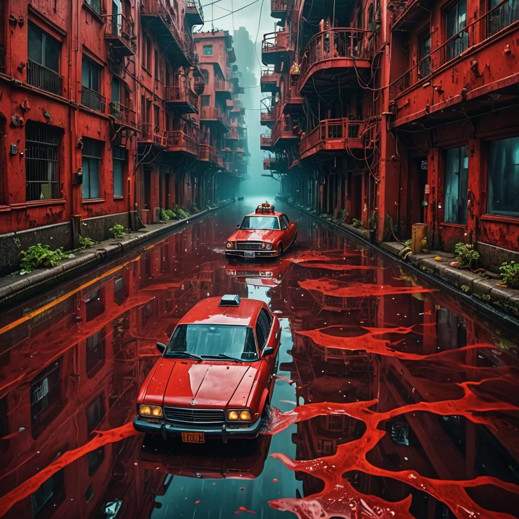 Hyperrealistic Red Flood Submerges Underwater City