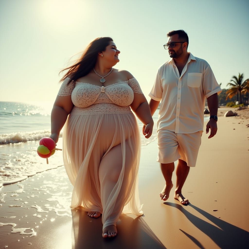 Surreal Beauty Strolls on a Tranquil Beach in a Cinematic Dr...