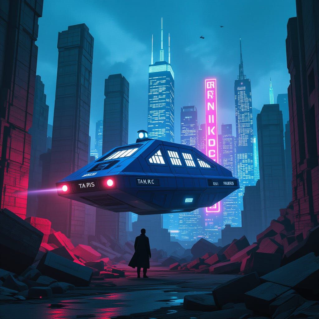 Dr. Who's T.A.R.D.I.S. Between Ruins and Neon Skyline