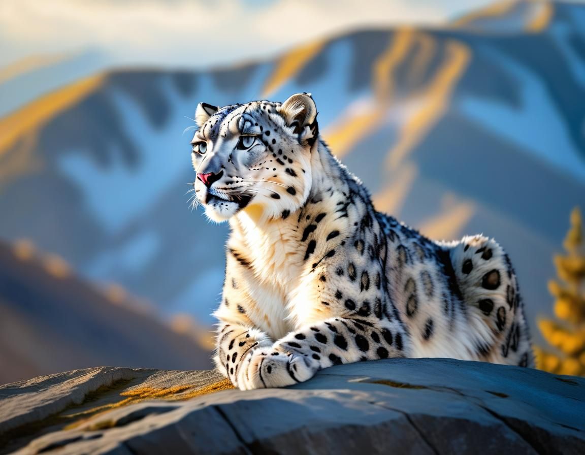 Snow Leopard on Cliff: Photorealistic National Geographic Sh...