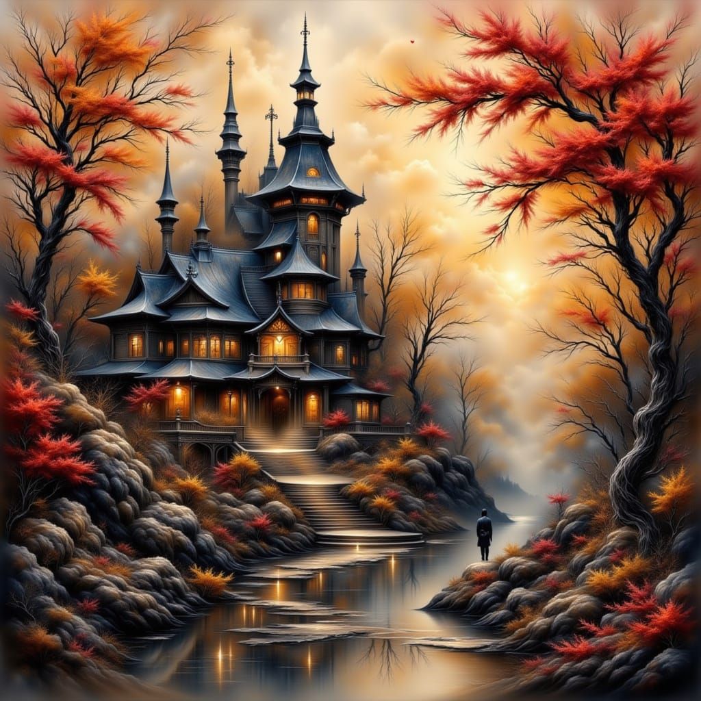 Gothic Manor at Sunset in Autumn Oil Painting Style