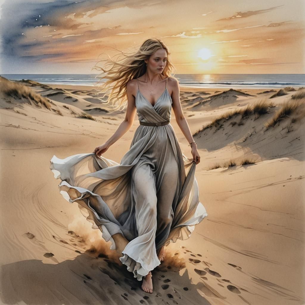 Woman Dancing in Sunset Dunes: Watercolor Art