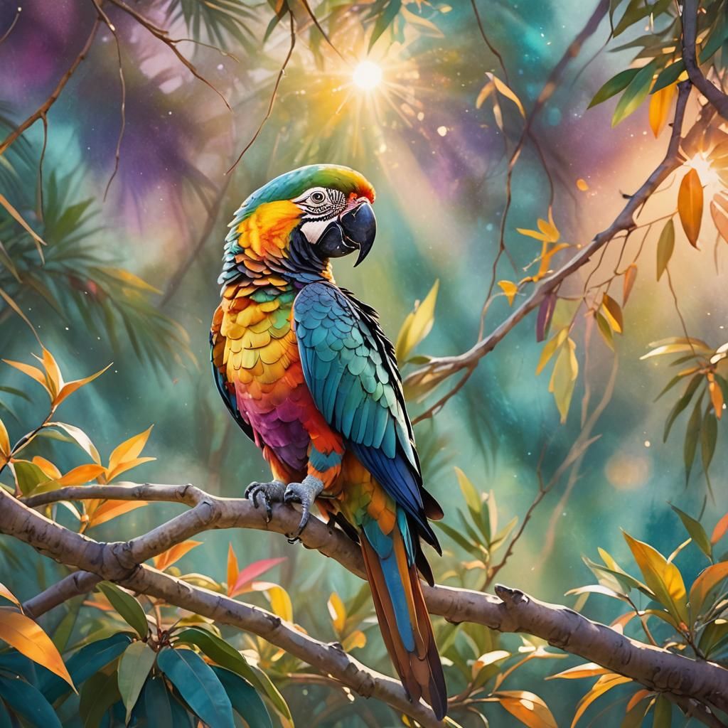 Colorful Parrot on Branch in Watercolor Style