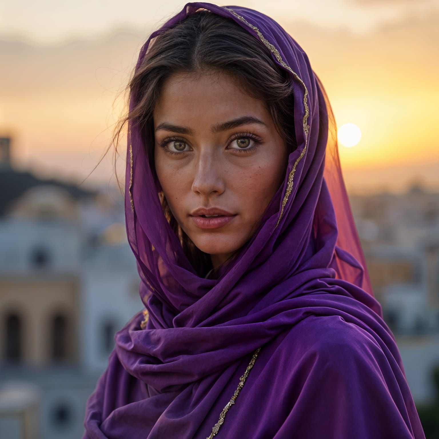 Elegant Greek Goddess Basks in Sunset Glory