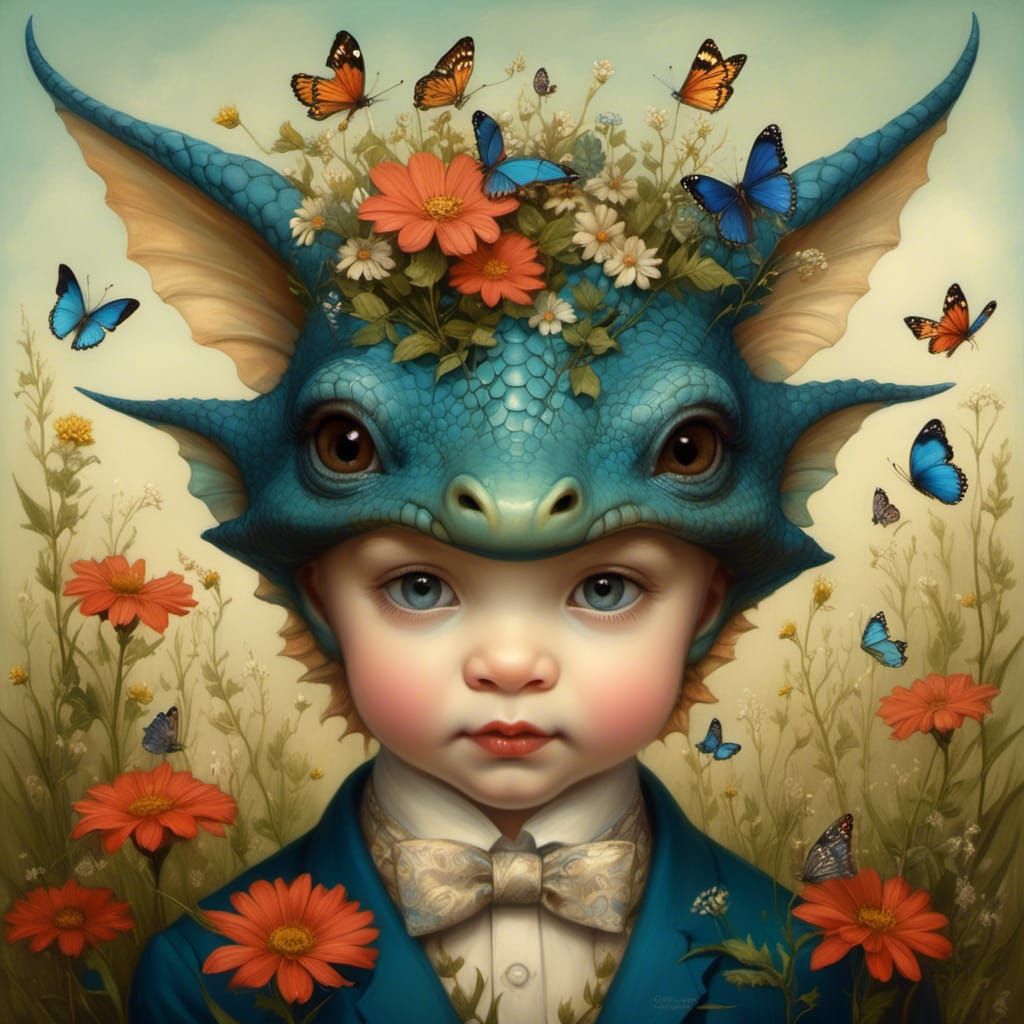 Whimsical Baby Dragon in Wildflower Meadow