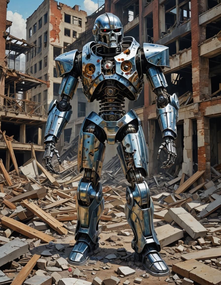 Chrome Robot Woman in Futuristic Cityscape