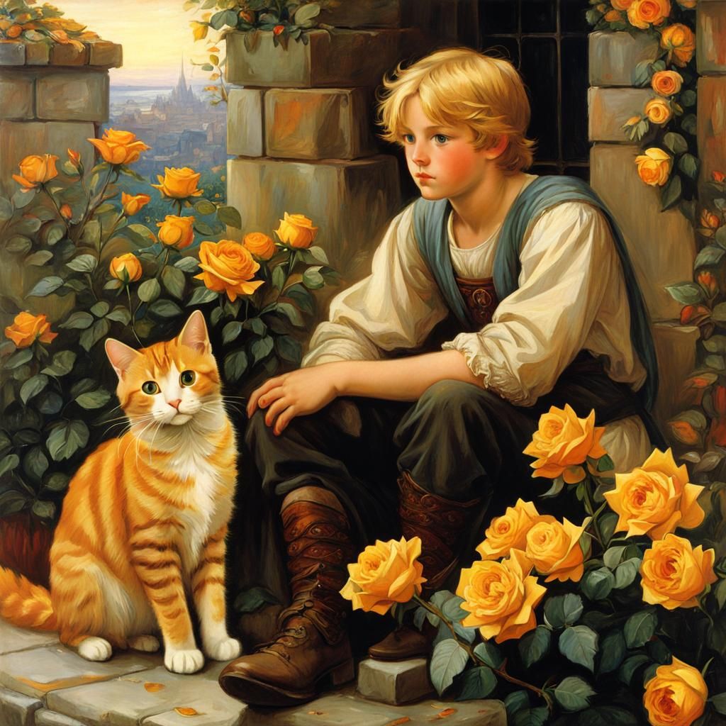 Boy and Cat Among Roses in Anime Style