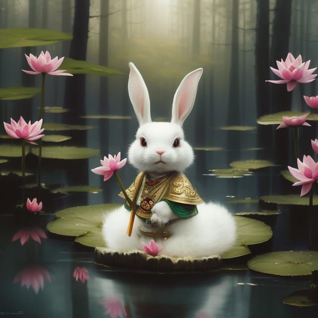 Chibi Bunny Samurai at Forest Lake: Matte Painting