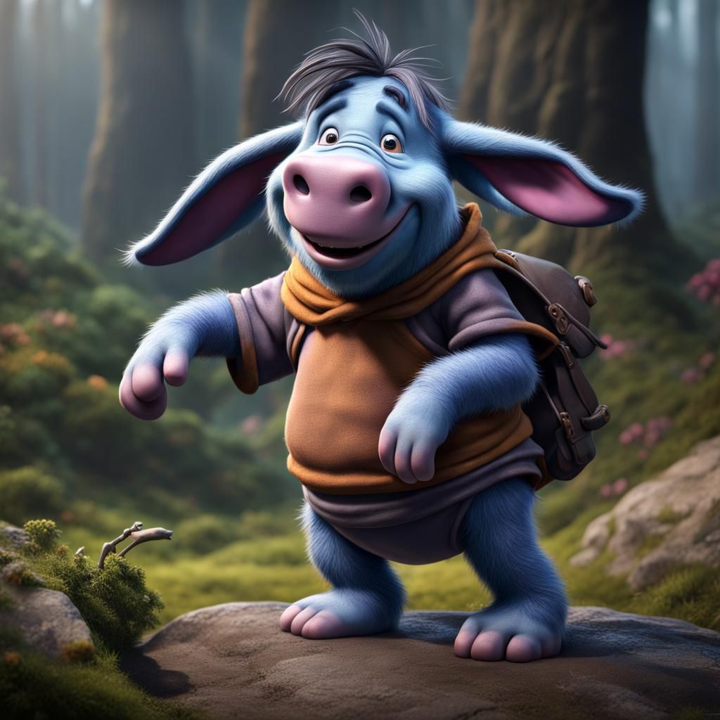 Hyperrealistic Eeyore as Cute Troll in Detailed Painting