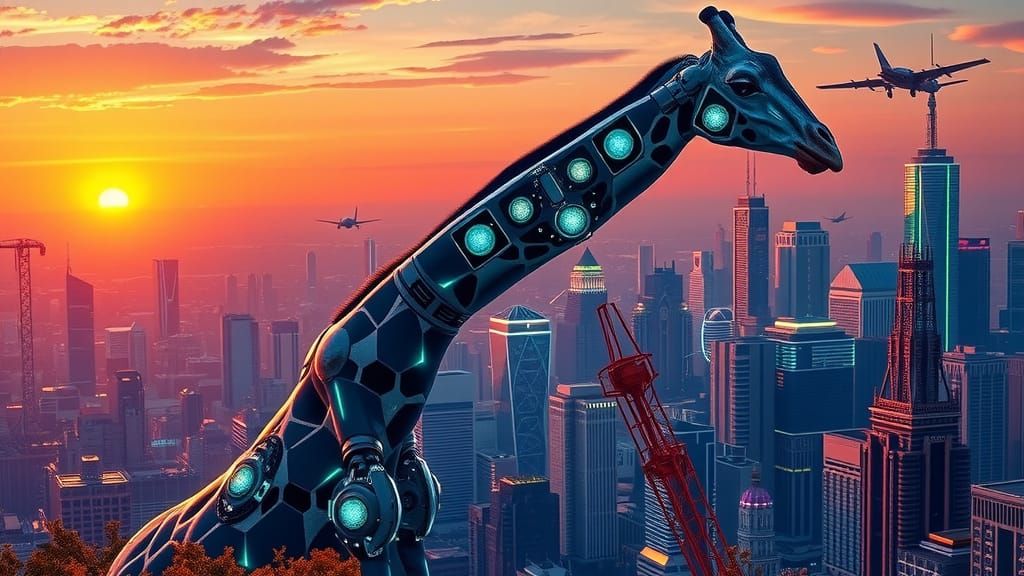 Cybernetic Giraffe Overlooks Futuristic Metropolis