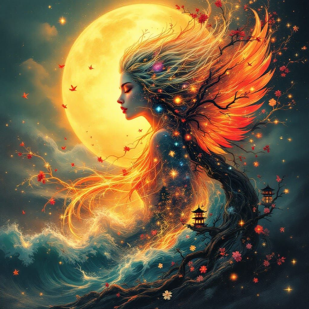 Ethereal Goddess Unfurls Golden Wings Over Turbulent Waves
