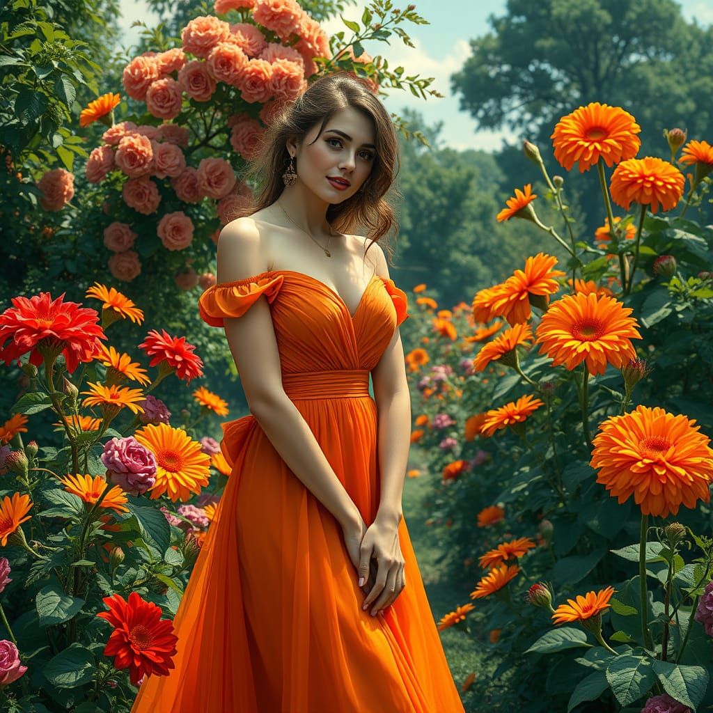 Woman in Orange Dress in Lush Garden