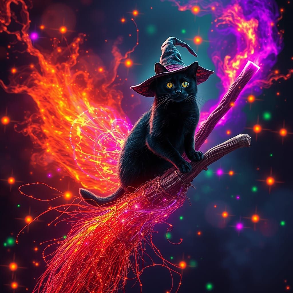 Glowing Witch's Broom with Black Cat in Digital Art