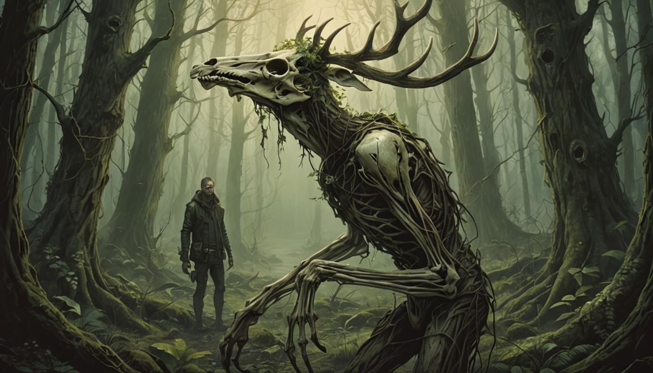 Dark Fantasy Deer Skull Creature in Forest
