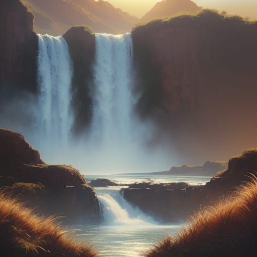 Desert Waterfall in Golden Hour: A Cinematic Oil Painting