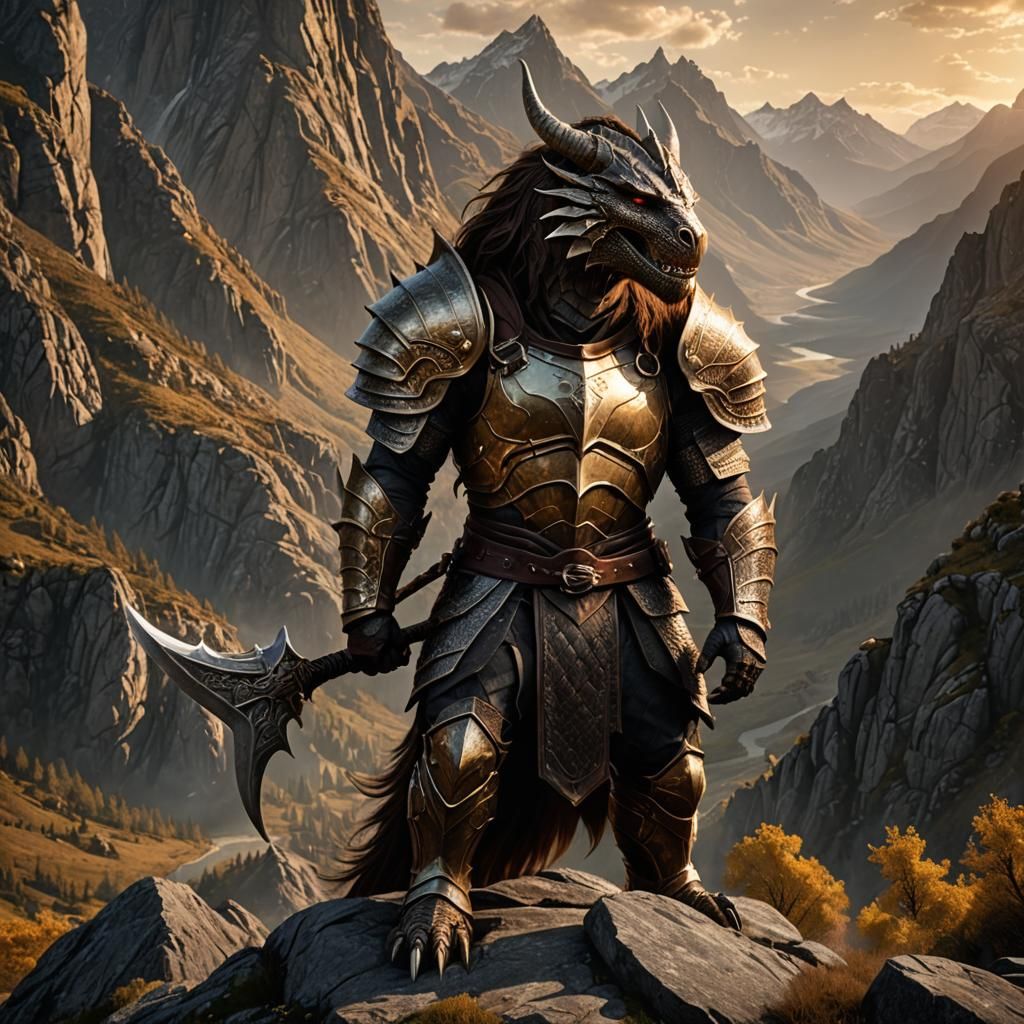 Dragonborn Warrior in Mountain Landscape: Heroic Fantasy Art