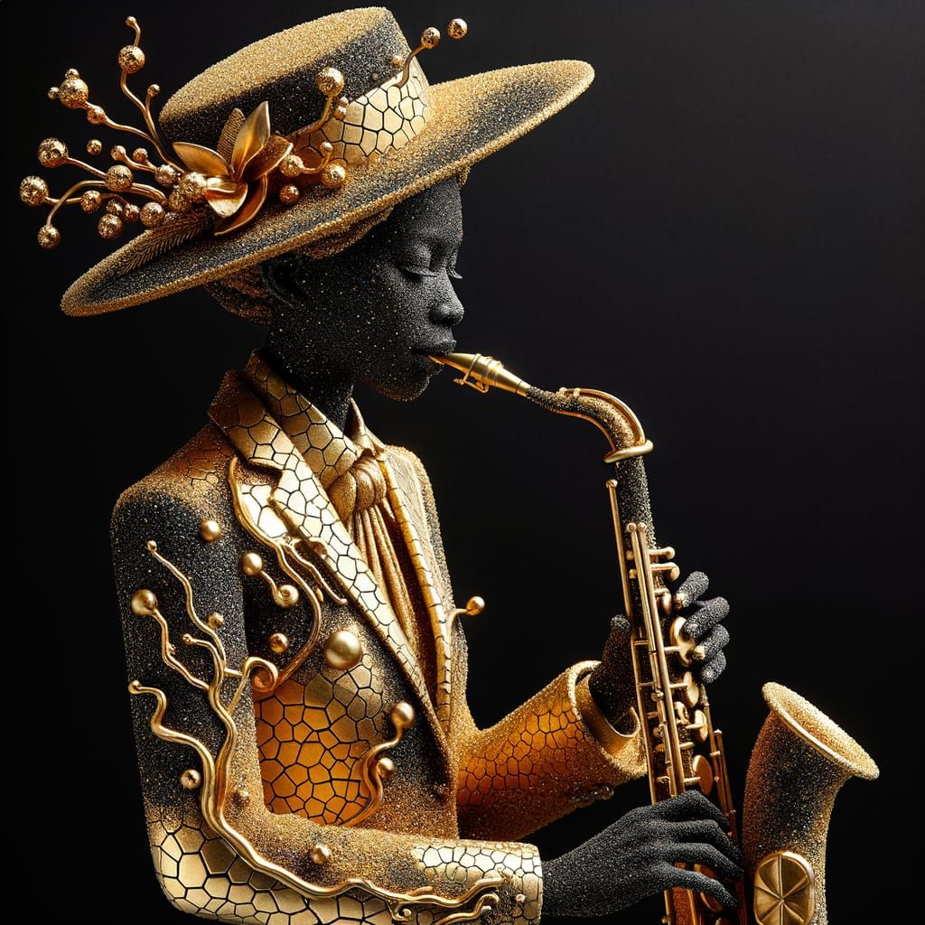Elegant Gold Saxophonist in Maximalist 3D Collage Art