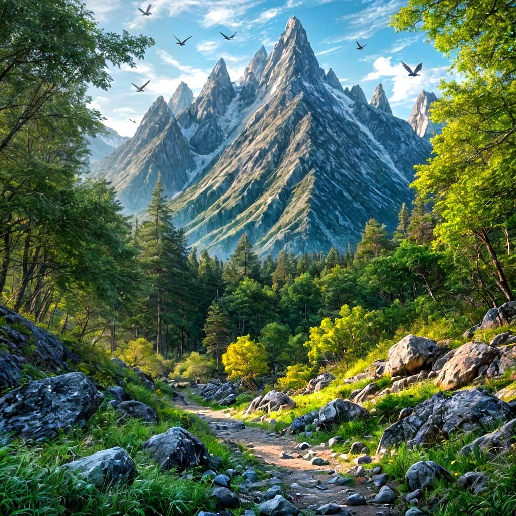 Hyper-Realistic Forest Meets Menacing Mountain Under Bright ...