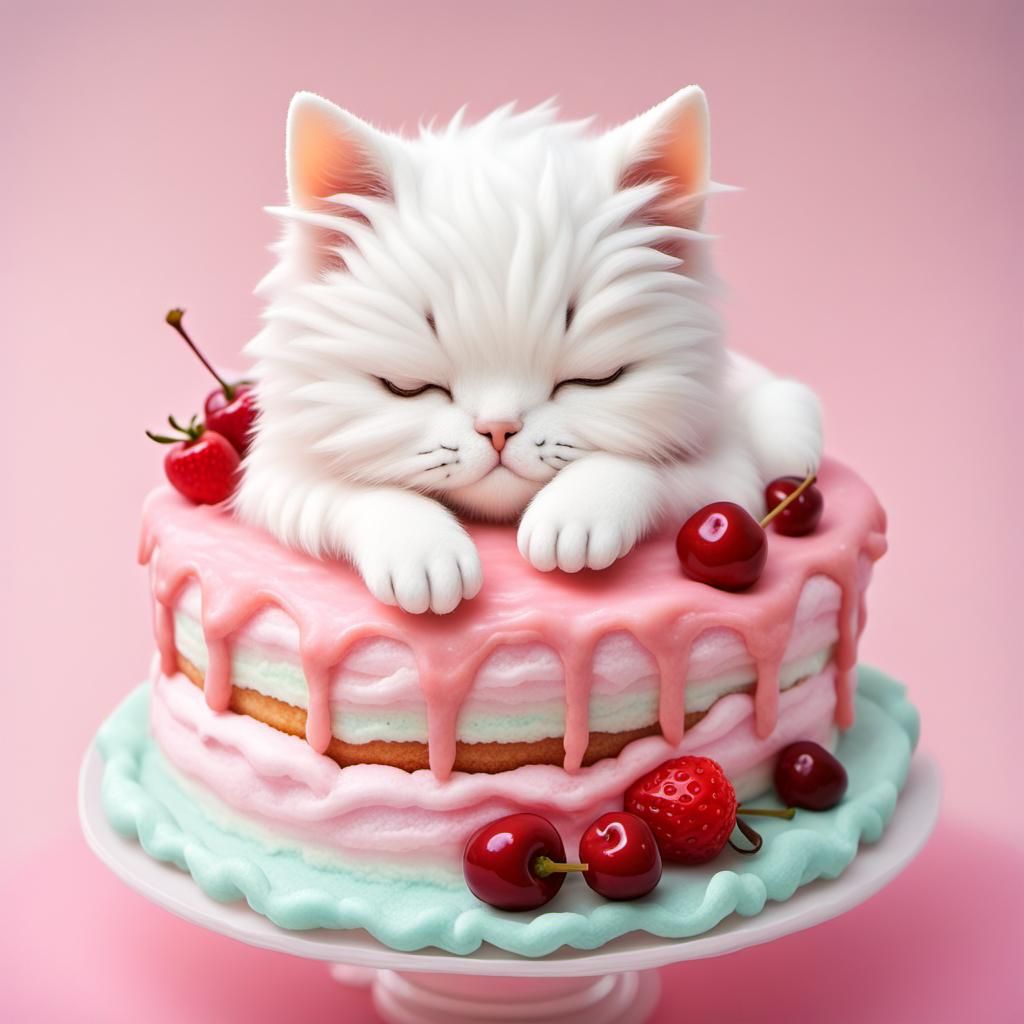 a white chibi cat made of pink and white cotton candy sleeping peacefully on a strawberry and cherry cake with cream
