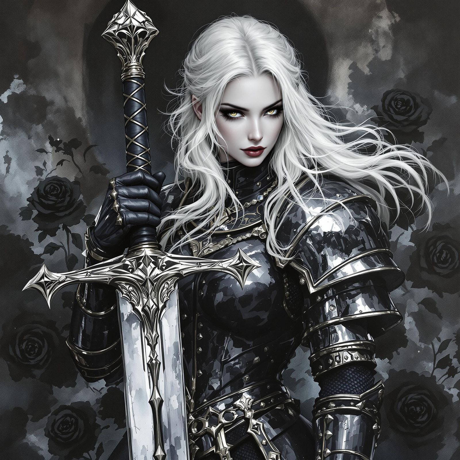 Gothic Woman in Armor with Roses, Comic Book Style