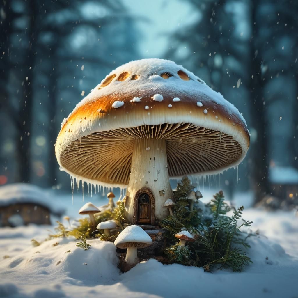 Magical Mushroom City in Snow, Surreal Oil Painting