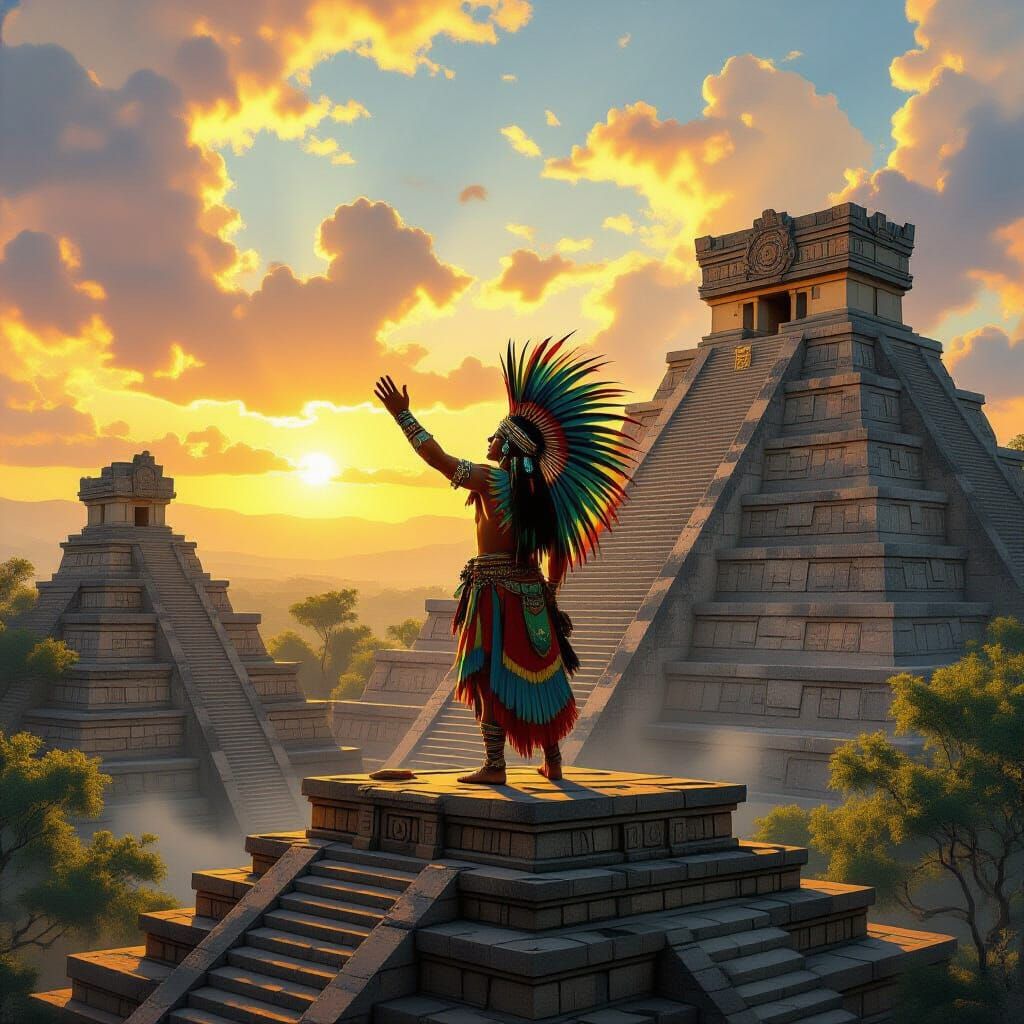 Mayan Priest Prays to Kukulkan at Sunrise