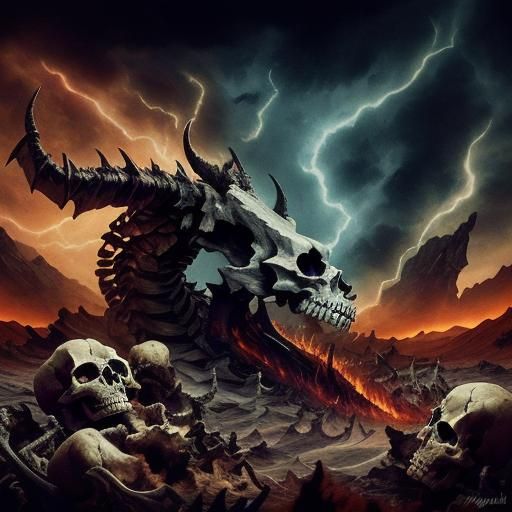 ("image of a dramatic scene where the remains of a mythical ...