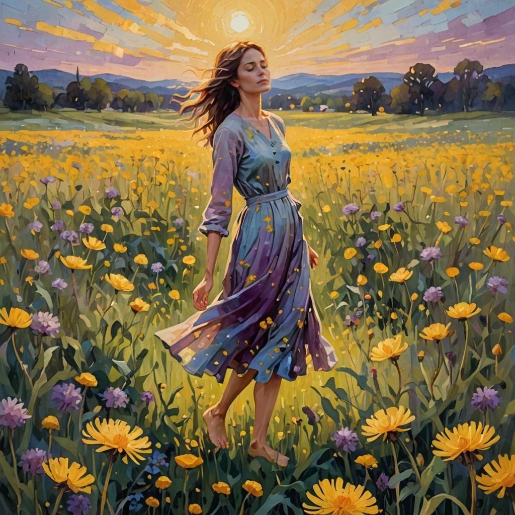 Woman in Field Bathed in Moonlight