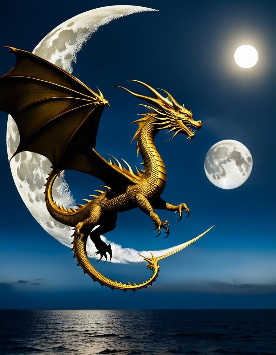 Golden Dragon Silhouette Against Moonlit Sea